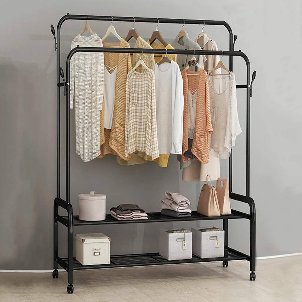 Indoor Iron Art Open Wardrobe – Modern Bedroom Furniture, Simple Wheeled Clothes Rack & Storage Organizer (Large)