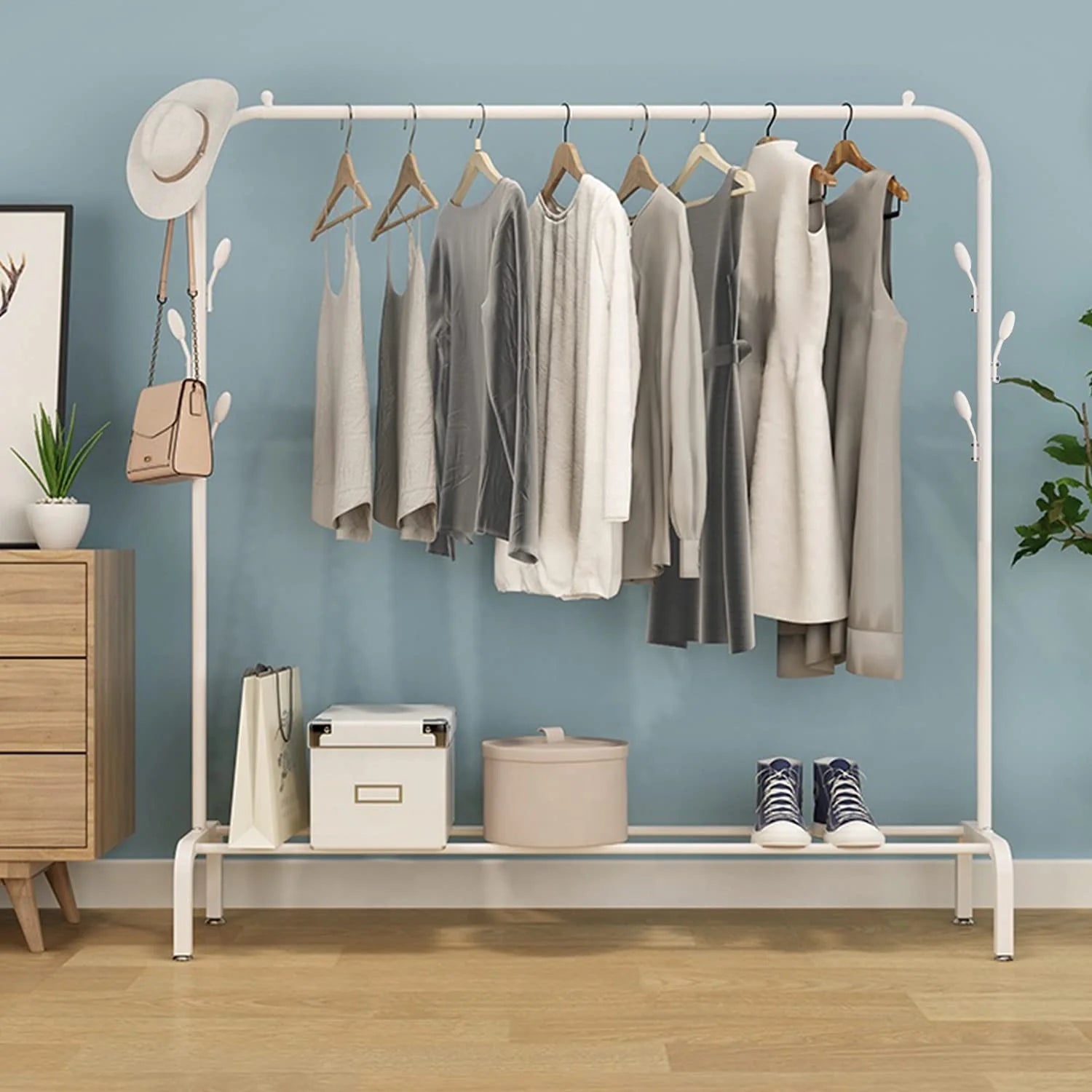 Indoor Iron Art Open Wardrobe – Modern Bedroom Furniture, Simple Wheeled Clothes Rack & Storage Organizer (Large)