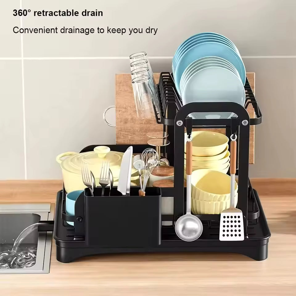 2-Tier Dish Bowl Drainer & Storage Rack – Kitchen Dish Drying Rack with Drain Basket, Countertop Organizer