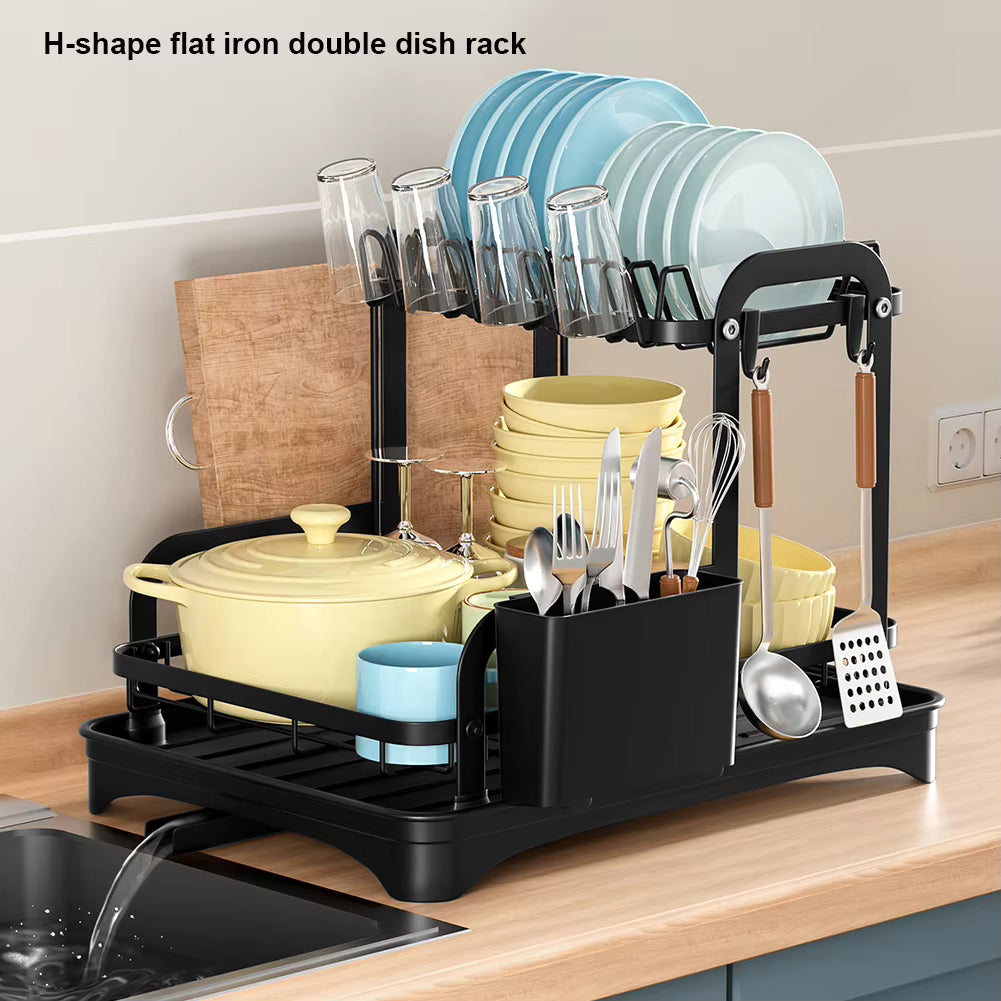 2-Tier Dish Bowl Drainer & Storage Rack – Kitchen Dish Drying Rack with Drain Basket, Countertop Organizer