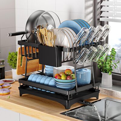 2-Tier Dish Bowl Drainer & Storage Rack – Kitchen Dish Drying Rack with Drain Basket, Countertop Organizer